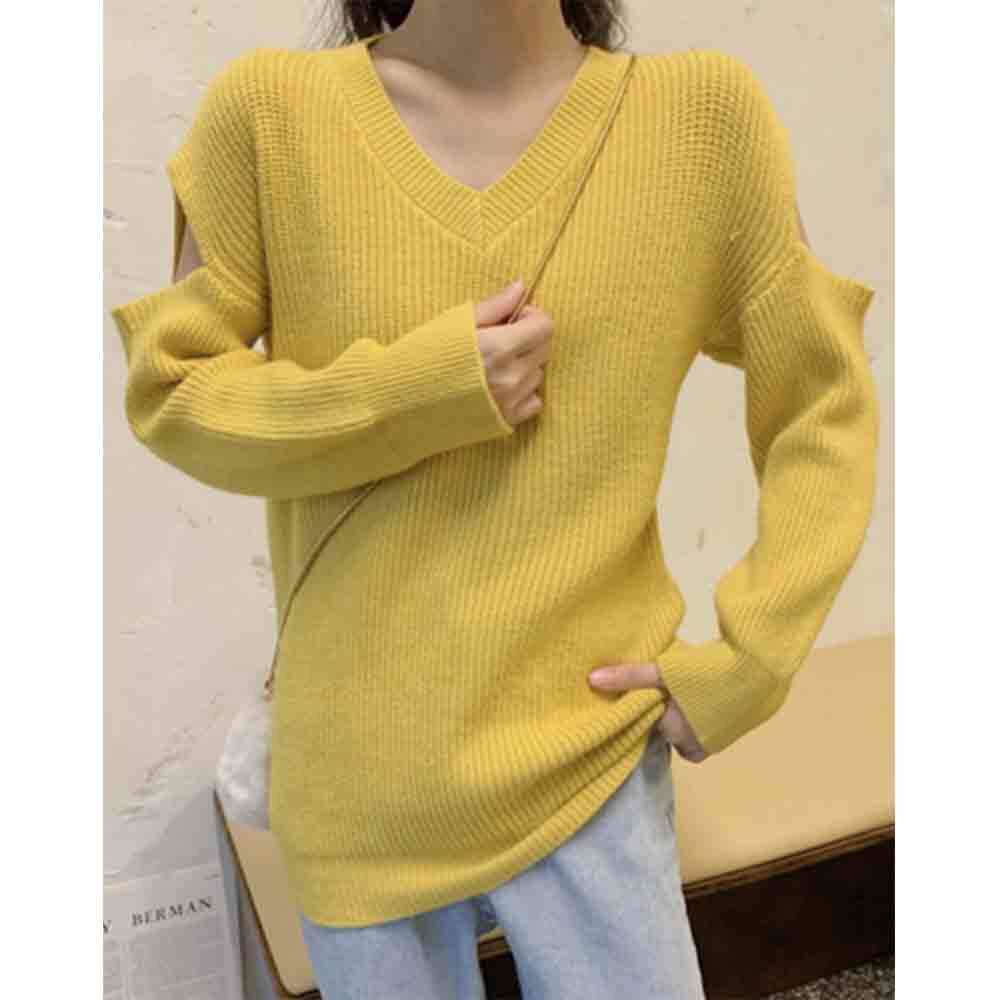 最大15 クーポン オープンショルダー ざっくりニット ニット 肌見せ ルーズ 体型カバー ゆったり セーター レディース Vネック