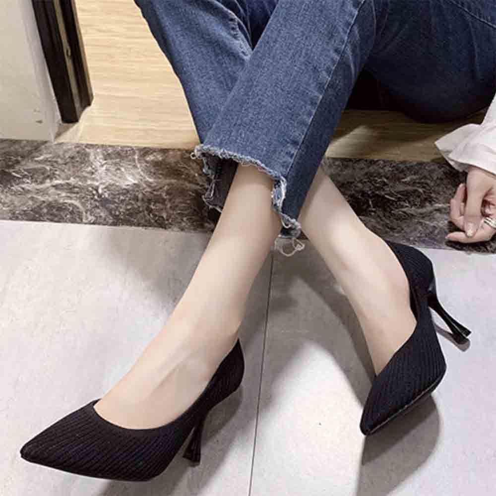 最大15 クーポン ポインテッドトゥ パンプス フォーマルシューズ 靴 ハイヒールパンプス ニット レディース ピンヒール ハイヒール