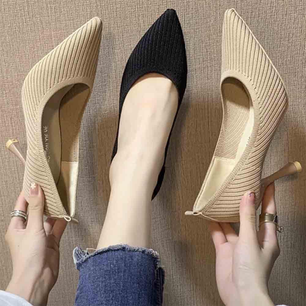 最大15 クーポン ポインテッドトゥ パンプス フォーマルシューズ 靴 ハイヒールパンプス ニット レディース ピンヒール ハイヒール