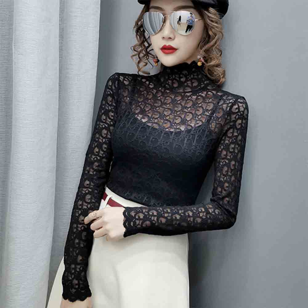 最大15 クーポン ハイネック トップス レース シースルー インナー レースブラウス レディース ブラウス