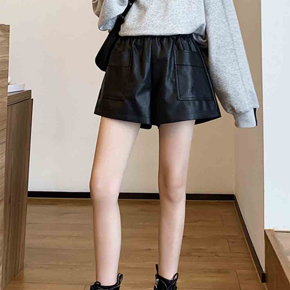 最大15 クーポン フェイクレザー 春 ショートパンツ レディース ショーパン レザー 秋 Puレザー ワイドショーパン 冬 ウエストゴム