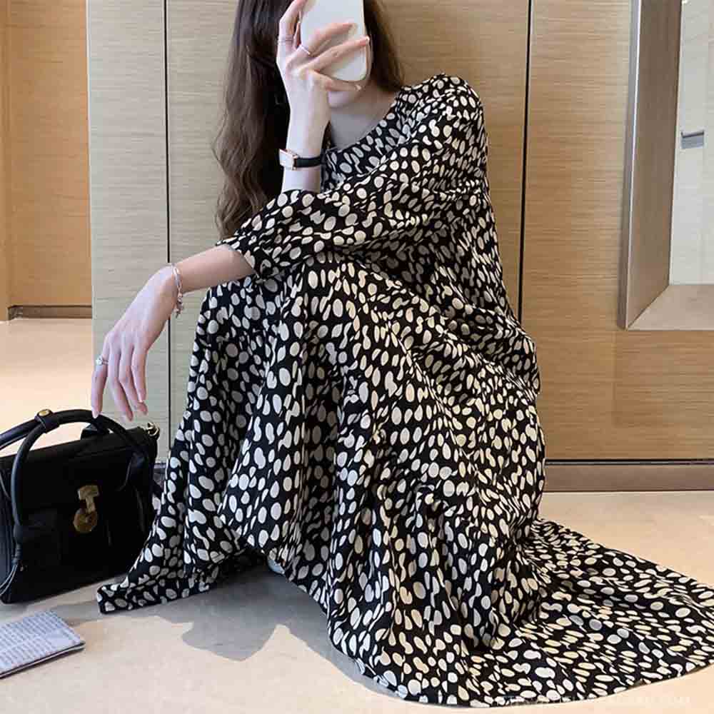 最大15 クーポン ドット柄 シフォンワンピース ワンピース レディース フレアワンピース ロングワンピース シフォン 長袖 ロング丈