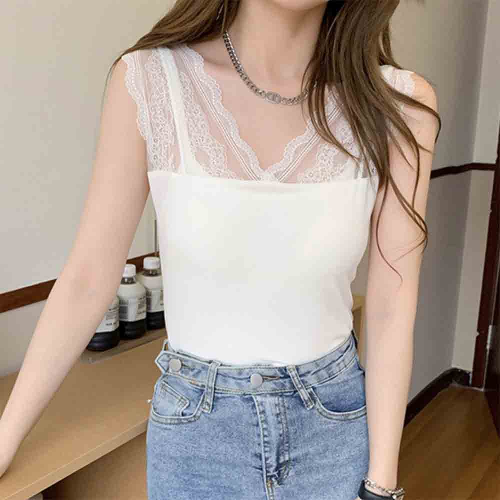 Vネックレース タンクトップ Vネック スカラップレース 重ね着 レディース 無地 トップス レース シンプル インナー