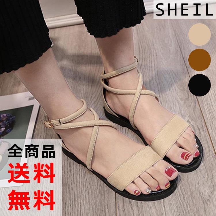 最大15 クーポン コンフォートサンダル フラットヒール グラディエーターサンダル クロス ペタンコ