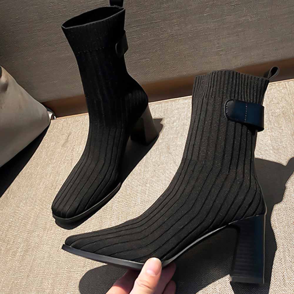 最大15 クーポン ショートブーツ 太ヒール 女性 ブーツ サイドゴアブーツ ソックスブーツ 美脚 レディース
