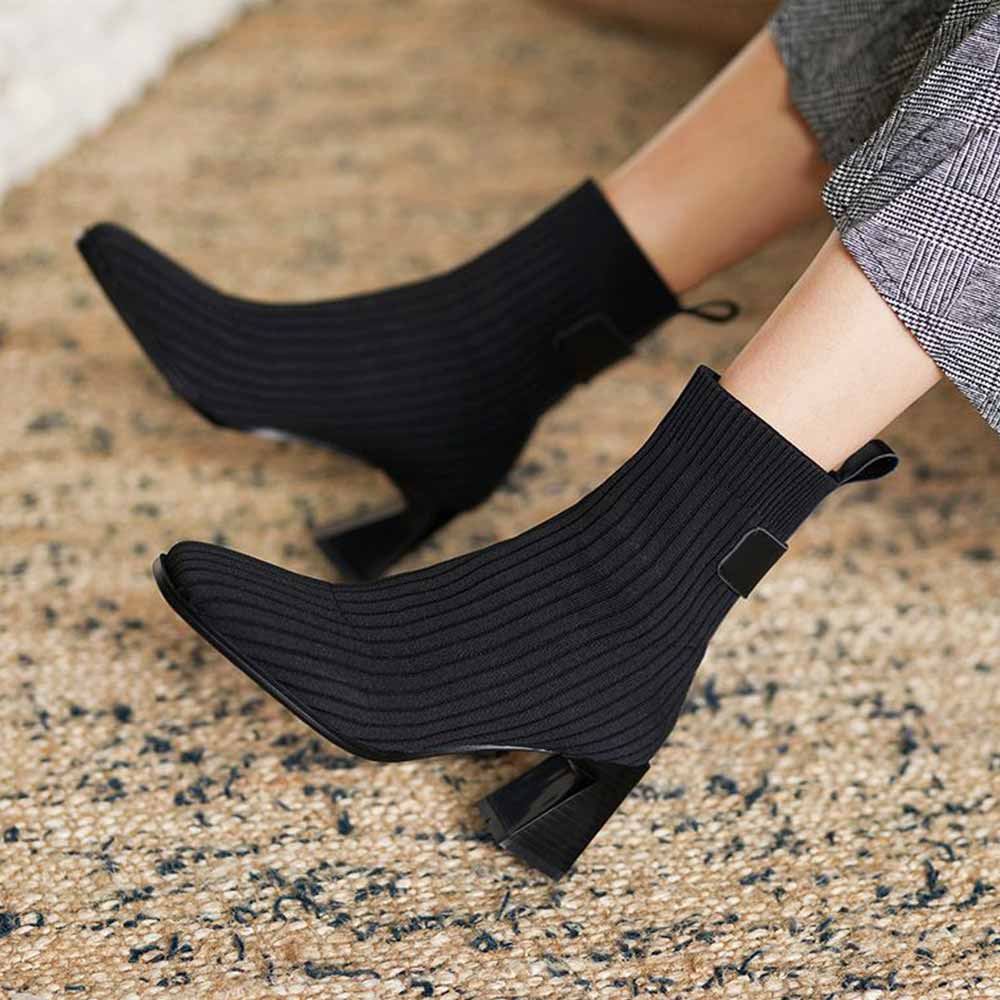 最大15 クーポン ショートブーツ 太ヒール 女性 ブーツ サイドゴアブーツ ソックスブーツ 美脚 レディース