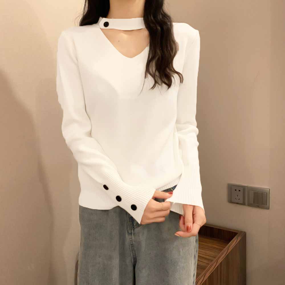 最大15 クーポン チョーカー風ニット ニットウエア レディース フロントvネックカット 女性 ニットセーター