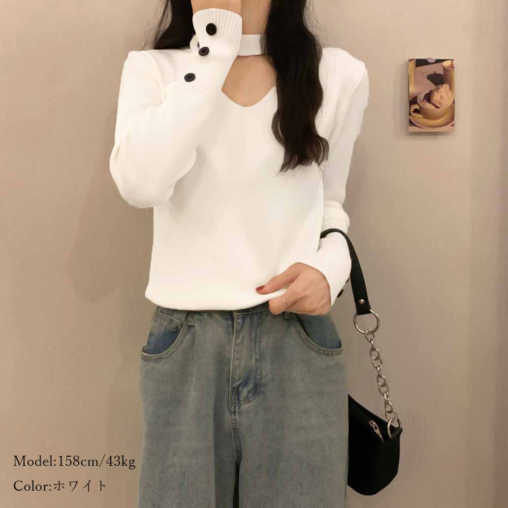 最大15 クーポン チョーカー風ニット ニットウエア レディース フロントvネックカット 女性 ニットセーター