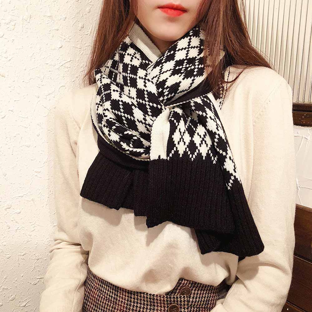 最大15 クーポン アーガイル柄 リバーシブル ストール マフラー 暖かい レディース 秋冬 防寒 長袖 ニットマフラー