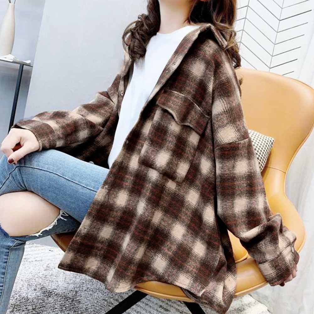 最大15 クーポン チェック柄 シャツ 開襟シャツ 女性 ネルシャツ レディース 春秋冬 お洒落 カジュアル シャツブラウス