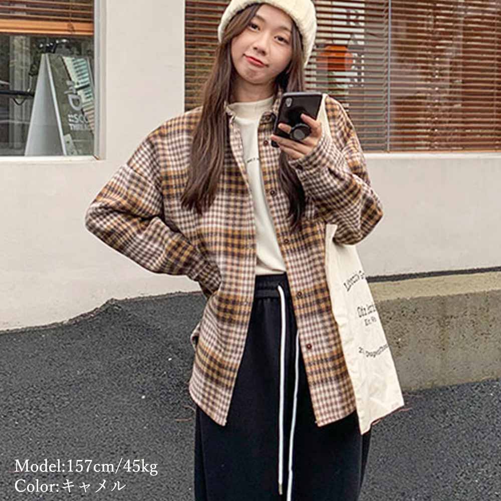 最大15 クーポン チェック柄ネルシャツ ブラウス シャツカーディガン レディース 女性 長袖シャツ オーバーフィット