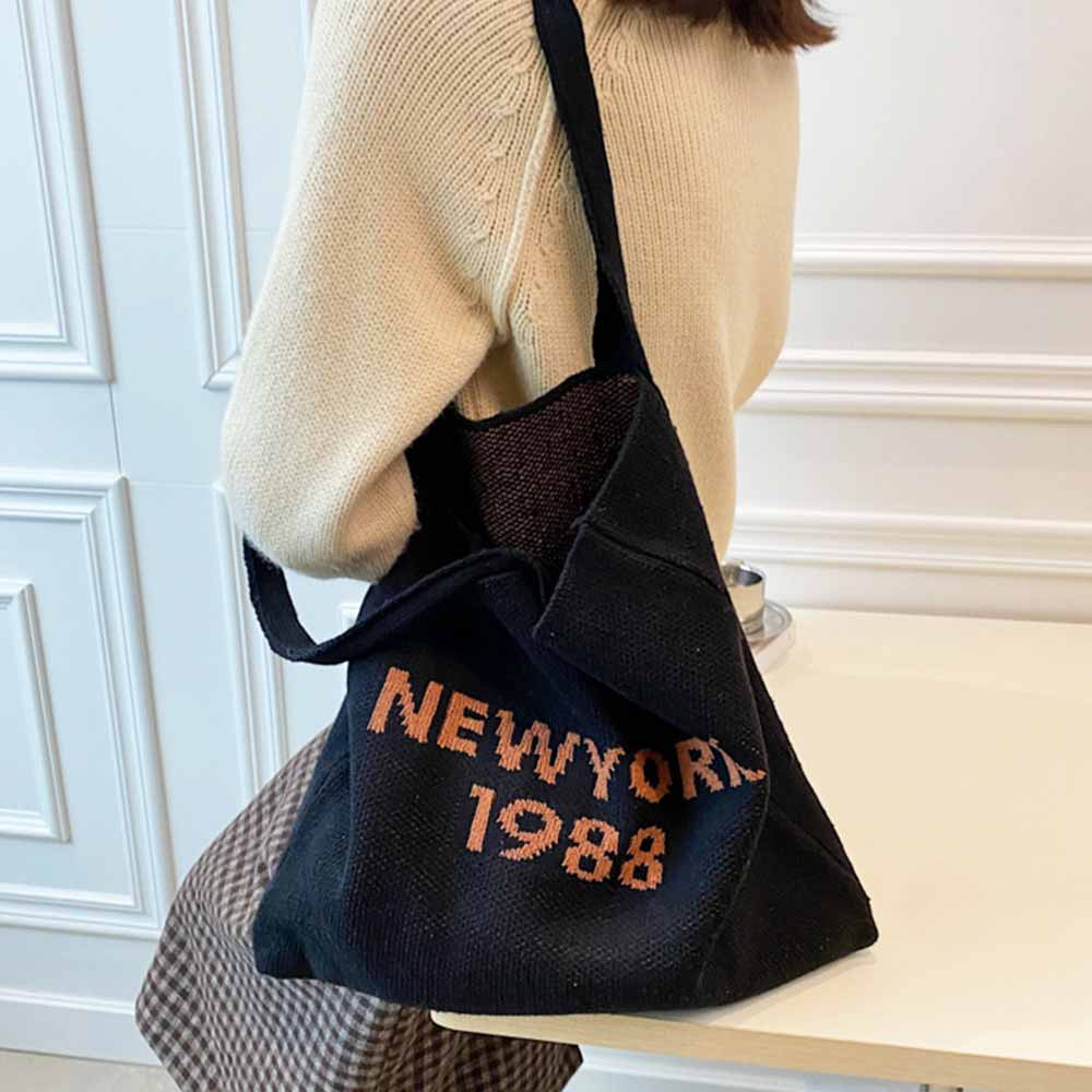 最大15 クーポン ニット おしゃれ シンプル 編みバッグ トートバッグ ロゴ 女性 大容量 軽量 レディース 肩掛けカバン