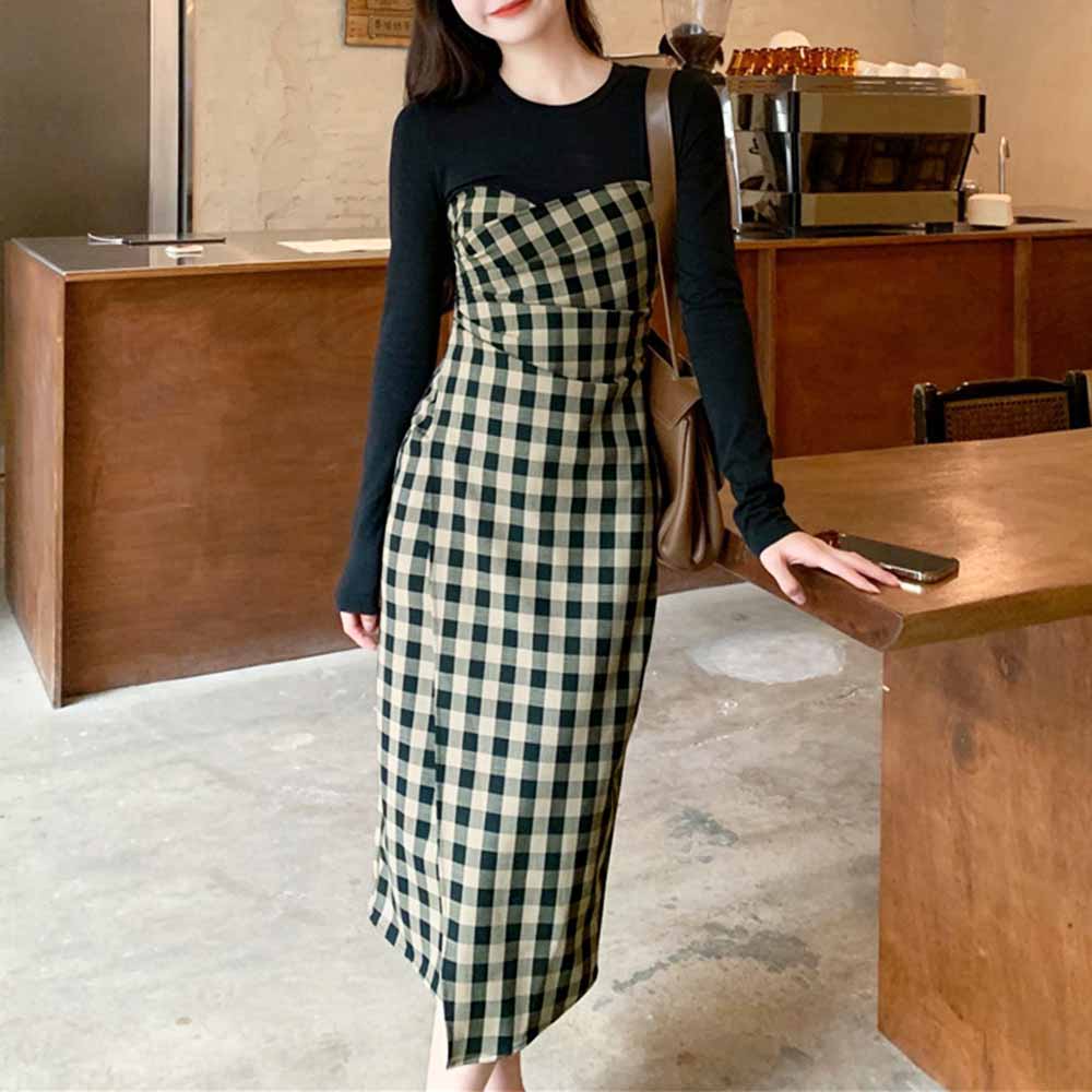 最大15 クーポン チェック柄 着やせ 女性 レディース おしゃれ ワンピース カシュクール風 長袖 大人 ロングワンピ