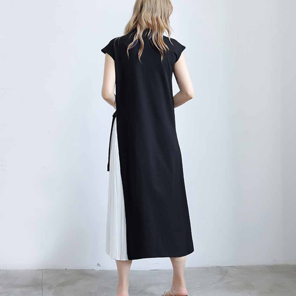 最大15 クーポン ワンピース レディース オフィス サイドプリーツ 配色ワンピ 女性 韓国風 カジュアル 半袖 大人