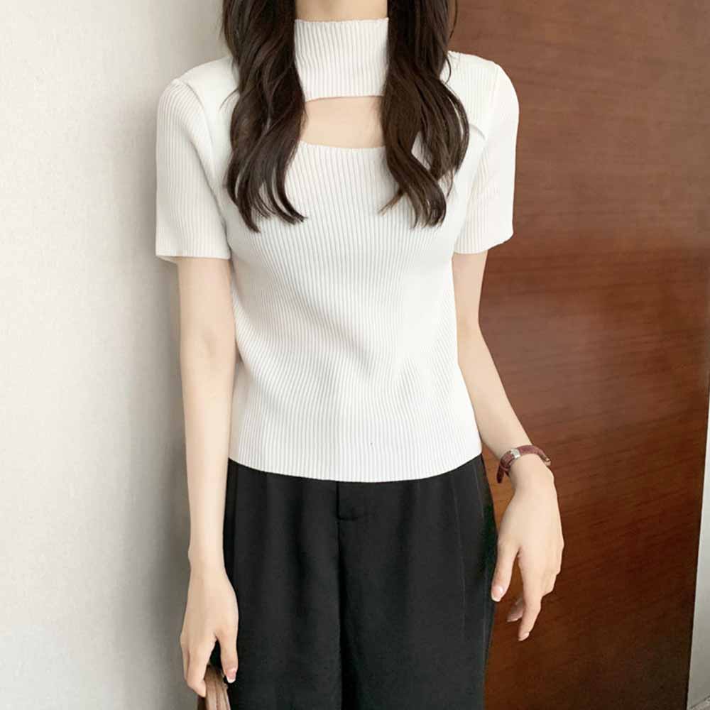 胸開きサマーニット レディース 無地 リブニット おしゃれ 胸見せ 大人 女性 着やせ セクシーニットソー