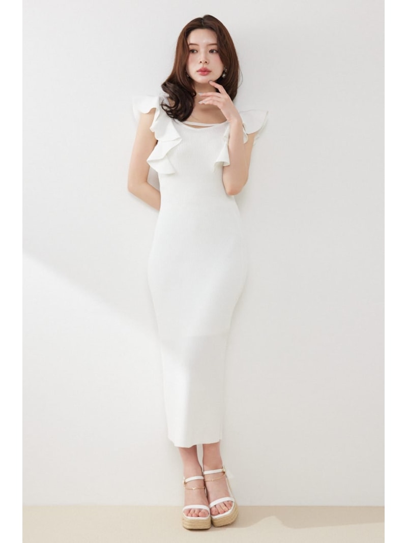 【SALE／10%OFF】【AKB48 倉野尾成美さん着付ける科目】ショルダーフリルタイトニットワンピース rienda リエンダ 衣装・御召しもの 衣装 黒いこと 白いこと 緑であること サクラ色【RBA_E】【貨物輸送無料】[ Fashion]