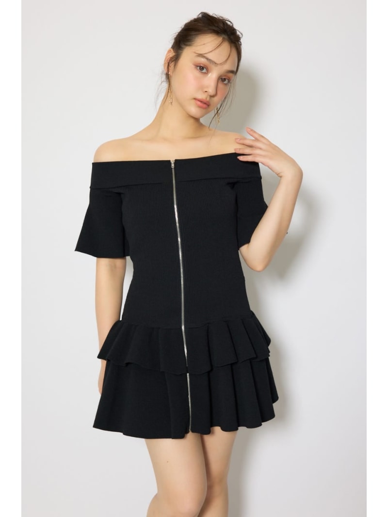 【SALE／10%OFF】オフショルフロントジップニットミニワンピース rienda リエンダ 衣装・御召しもの 衣装 黒いこと 薄墨色【RBA_E】【貨物輸送無料】[ Fashion]