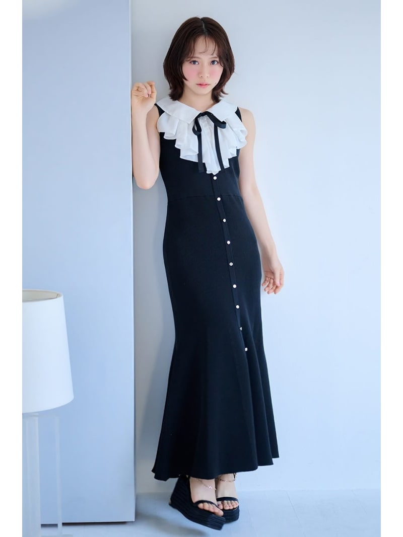 【AKB48 倉野尾成美さん着用アイテム】フリルシャツドッキングニットマーメイドワンピース rienda リエンダ ワンピース・ドレス ワンピース イエロー ブラック グレー【送料無料】[ Fashion]｜シェルターウェブストア