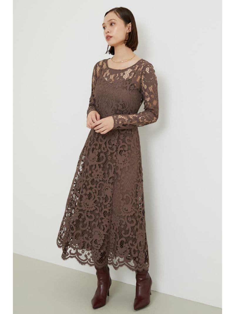 スカラップレースフレアロングop Rienda リエンダ ワンピース 5ー9分袖ワンピース ブラック ブラウン ホワイト 送料無料 Rakuten Fashion Onvc Org