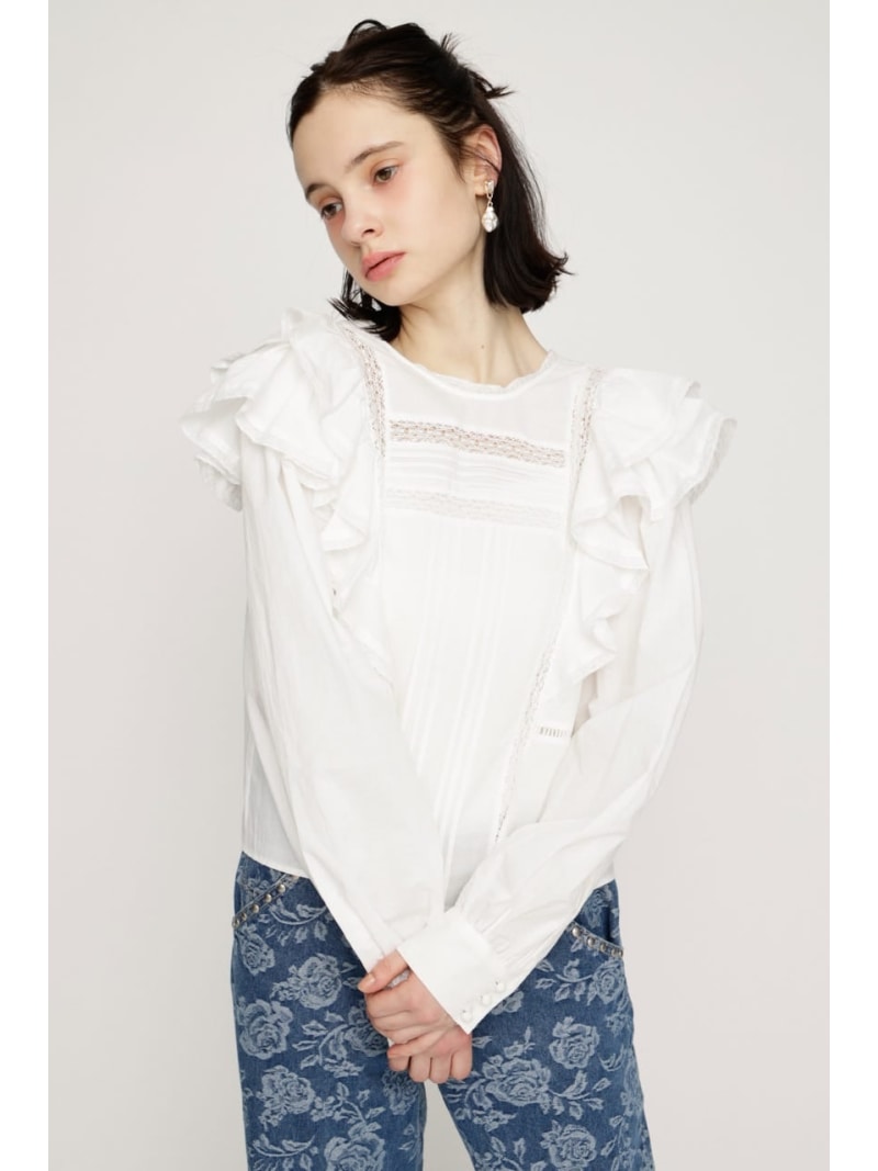 2WAY RIBBON FRILL LACE トップス SLY スライ トップス プルオーバー・トップ 黒いこと 黄色 白いこと【貨物輸送無料】[ Fashion]