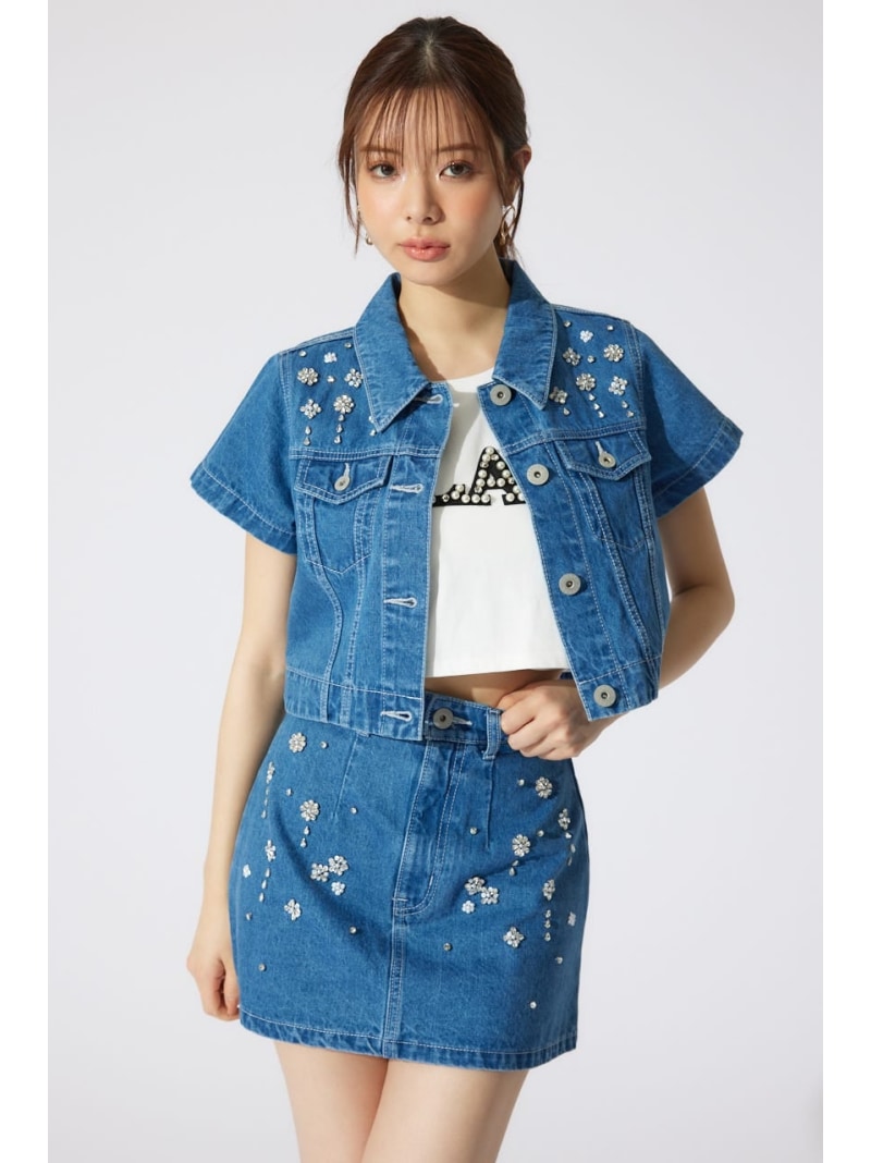 【SALE／40%OFF】ミックスフラワービジューショートジャケット rienda リエンダ ジャケット・アウター デニムジャケット【RBA_E】【送料無料】[ Fashion]