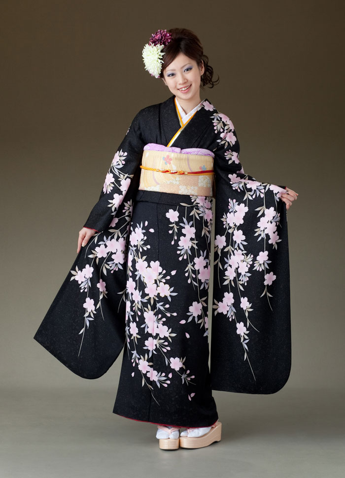 楽天市場 振袖 レンタル 着物 振袖 Fs125 黒にピンクの桜柄ラメ付き mサイズ 結婚式 成人式 貸衣裳 貸衣装 和服 往復送料無料 レンタル かしいしょう 和楽