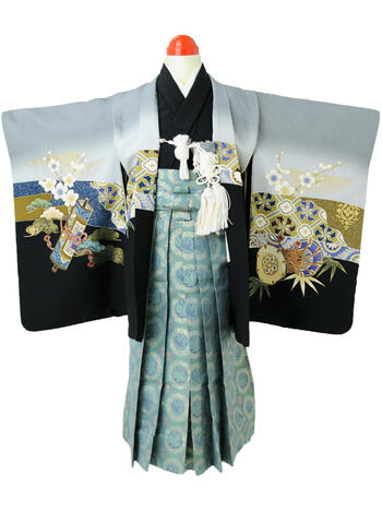 【マラソン期間10％OFFクーポン/ポイント5倍】七五三レンタル フルセット 5才 男児「グレーカブト／袴 グリーン鳳凰手鏡」(身長100cm～110cm) i513【レンタル】