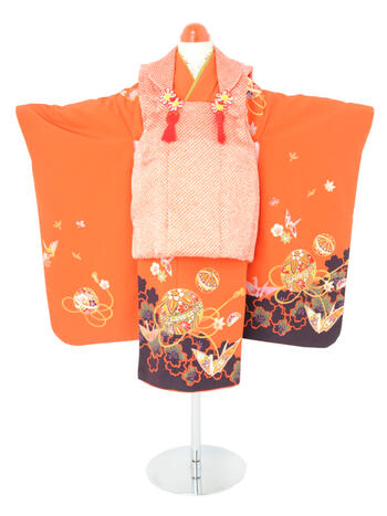 【マラソン期間10％OFFクーポン/ポイント5倍】七五三レンタル フルセット 3才 女児 被布「朱赤手毬」(身長85cm～95cm) j309【レンタル】【片道送料無料】