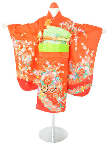 【マラソン期間10％OFFクーポン/ポイント5倍】七五三レンタル フルセット 3才 女児「赤花車」(身長95cm～105cm) j355【レンタル】【片道送料無料】
