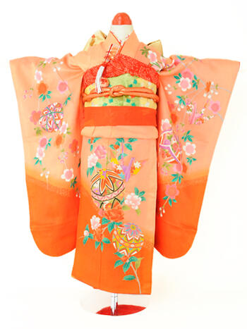 【10％OFFクーポン配布中】七五三レンタル フルセット 5才 女児「オレンジ手まり梅」(身長105cm～115cm) j508【片道送料無料】