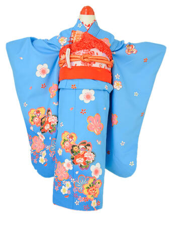 【10％OFFクーポン配布中】七五三レンタル フルセット 7才 女児「ブルー桜」(身長115cm～125cm) j711【レンタル】