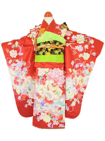 【10％OFFクーポン/ポイント8倍】七五三レンタル フルセット 7才 女児「赤地バラ」(身長110cm～120cm) j723【レンタル】