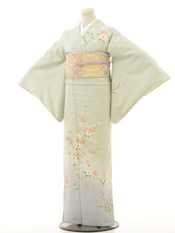【10％OFFクーポン配布中】訪問着レンタルフルセット【単衣・6月9月】「薄グリーン椿」f010（149～164cm位）【レンタル】【送料無料】母 祖母 友人 お宮参り七五三 卒園式 卒業式 入園式 入学式 結婚式 披露宴 お茶会 観劇