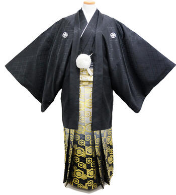 【10％OFFクーポン配布中】【広幅・4L・5L】男性 紋付袴 一式セット レンタル「黒亀甲袴金亀甲」dm211（身長170～188cm位）レンタル新郎紋付一式【レンタル】