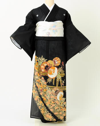 黒留袖レンタルフルセット【絽・夏用】「エンジ鼓に蝶」a207（151～166cm位）【レンタル】【送料無料】母 祖母 親族 結婚式 披露宴 絽