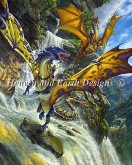 Matt Stewart クロスステッチ刺しゅうチャート HAED 図案 【Supersized Waterfall Dragons Max Colors】 Heaven And Earth Designs 上級者 ドラゴン 竜 龍 渓谷 滝 風景 戦い 戦闘 闘争