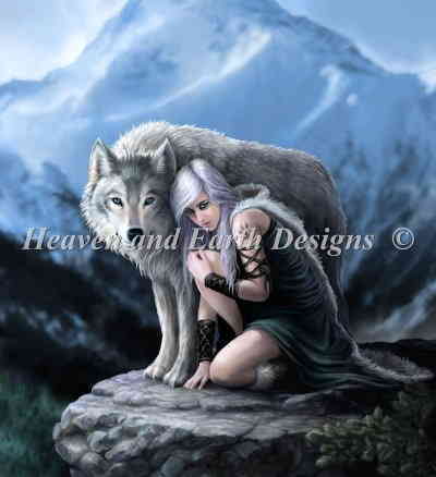 Anne Stokes クロスステッチ 刺しゅう チャート HAED 図案 【 Supersized Protector AS Max Colors 】 Heaven And Earth Designs 海外 天使 おおかみ 狼 オオカミ