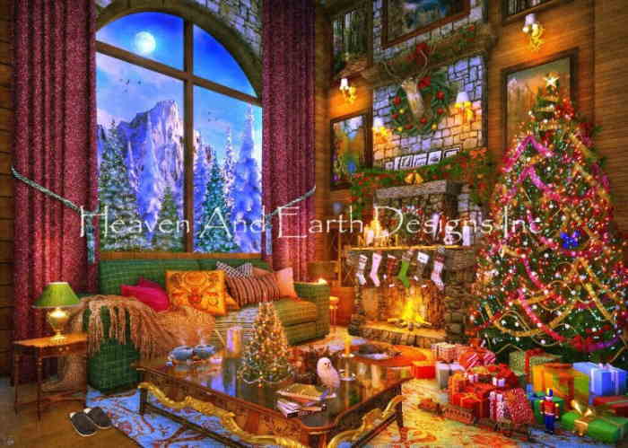 Dominic Davison クロスステッチ刺しゅうチャート HAED 図案 【Supersized Christmas Lodge Max Colors】 Heaven And Earth Designs 風景 クリスマス 窓辺 クリスマスツリー オーナメント 暖炉 プレゼント ギフト 剥製
