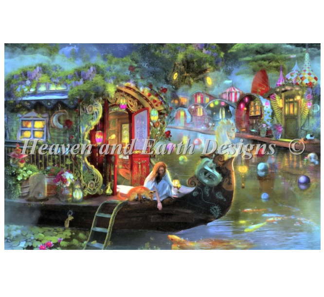 Aimee Stewart クロスステッチ刺しゅうチャート HAED 図案 Heaven And Earth Designs 輸入 上級者 風景 船 ランタン 灯り 川 小川 湖 湖畔