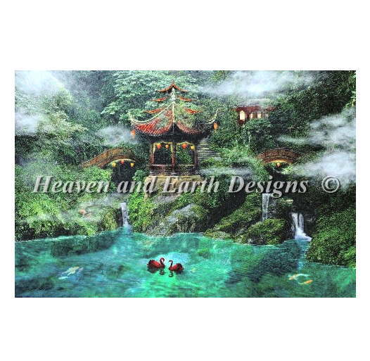 Aimee Stewart クロスステッチ刺しゅうチャート HAED 図案 【Supersized Tale of the Red Swans Max Colors】 Heaven And Earth Designs 上級者 風景 和風 池 白鳥 東屋 滝
