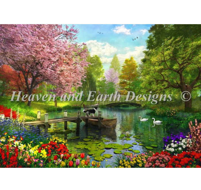 Dominic Davison クロスステッチ刺しゅうチャート HAED 図案 【 Supersized Forest Lake Max Colors 】 Heaven And Earth Designs 難しい 上級者 風景 春