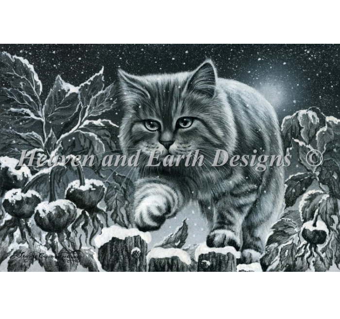 Irina Garmashova クロスステッチ図案 チャート HAED 手芸 上級者 【Supersized Rushing Home】 Heaven And Earth Designs 上級者 猫 ねこ ネコ 家路 雪 夜 月 モノクロ 冬 スノーフレーク 果樹