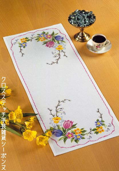 クロスステッチ刺繍キット ペルミン Spring Flowers 春の花テーブルランナー Permin of Copenhagen 北欧 デンマーク 中級者 上級者 68-0188|クロスステッチ手芸雑貨シーボンヌ