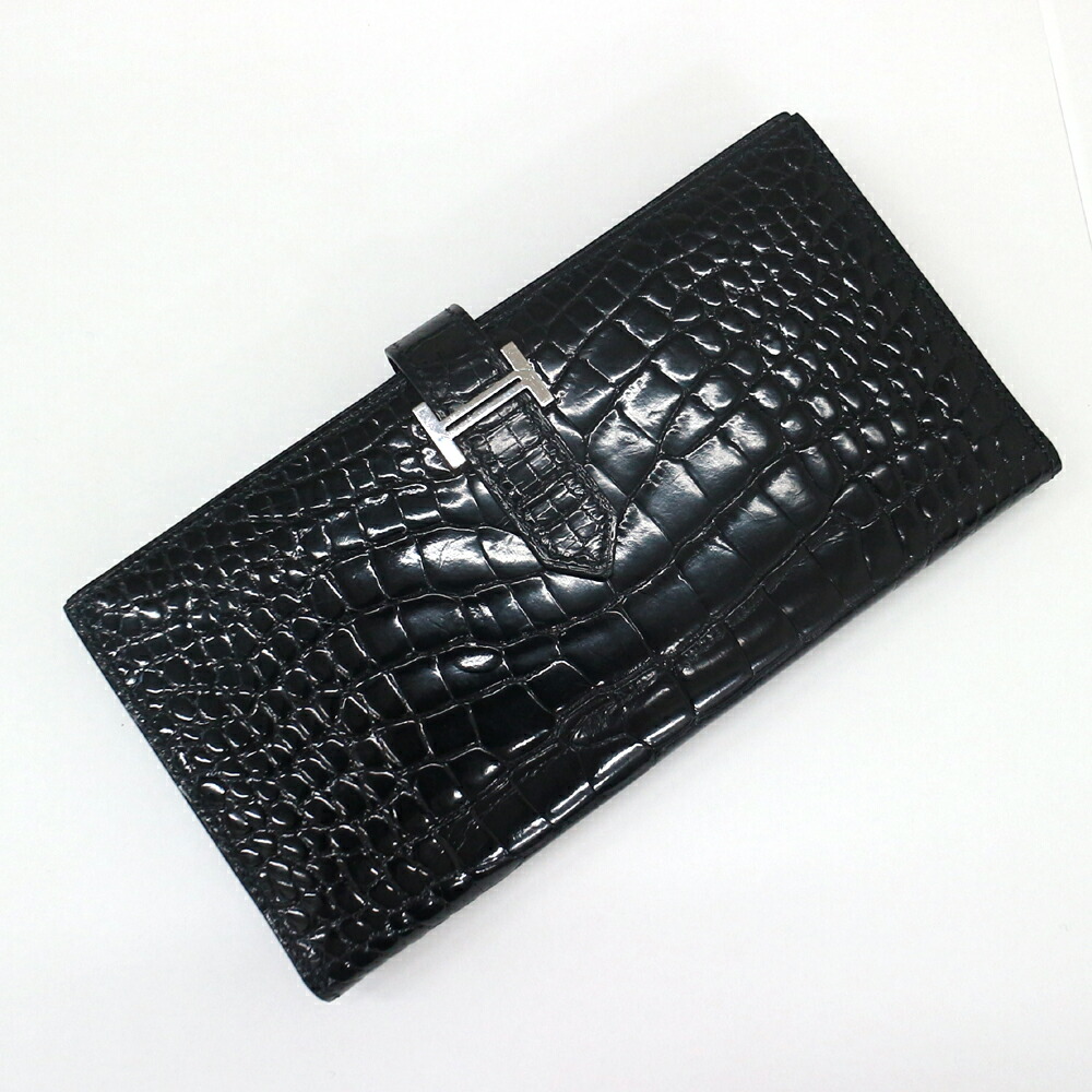エルメス　ベアンスフレ 2つ折り財布 HERMES　クロコダイルアリゲーター リセ(シャイン)/ブラック×シルバー金具 □R刻印 【中古】A《返品可》【質屋出品】【送料無料】