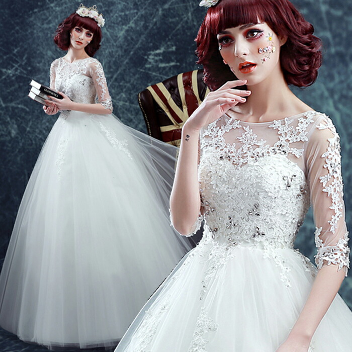 即発送可能 楽天市場 ウェディングドレス 五分袖 プリンセスラインドレス 結婚式 ウエディングドレス 二次会 ロングドレス 花嫁 ドレス ブライダル フォマールドレス パーティードレス エンパイア 大きいサイズ レース オフホワイト 披露宴 発表会 Xxs Xs S M L Xl