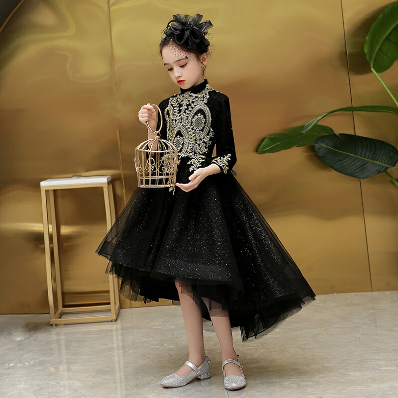 海外最新 子供ドレス ピアノ発表会 ワンピース 女の子 ドレス 長袖 フラワーガール フォーマルドレス 子供服 キッズドレス 子どもドレス Aライン ジュニア プリンセスドレス 七五三 結婚式 卒業式 ブラック 黒 100 110 1 130 140 150 160 渋谷ウイングス
