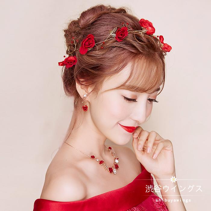 楽天市場 ティアラ ネックレス ピアス イヤリング 3点セット ヘッドドレス 髪飾り ウェディング クラウン 結婚式 パーティー 花嫁 二次会 発表会 アクセサリー 花 披露宴 赤 渋谷ウイングス
