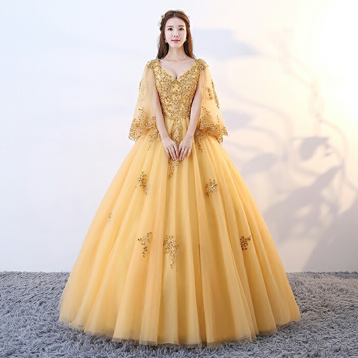 ロングドレス 演奏会 袖付き カラードレス ゴールド 演奏会用ドレス プリンセスライン ウェディングドレス 結婚式 フォーマルドレス 二次会 カクテルドレス パーティー 小きいサイズ 大きいサイズ ステージ衣装 披露宴 発表会