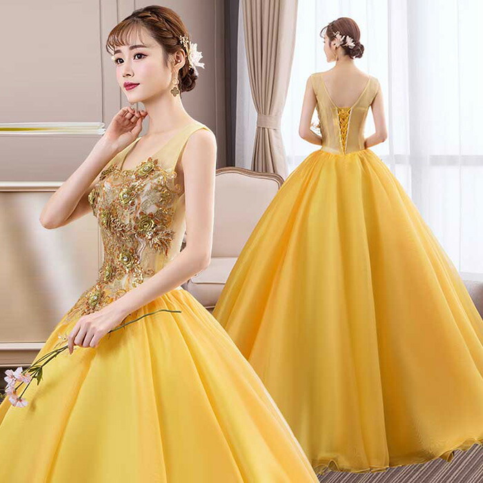 8月限定値下げ！yellowdress約9号 Mサイズ(演奏会ウエディング結婚式 楽天市場】演奏会用ドレス ロングドレス 長袖 カラードレス 演奏