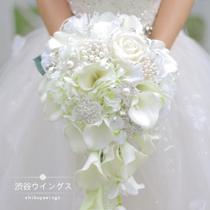 楽天市場 ウエディングブーケ 結婚式 ウェディングブーケ 花嫁 ブーケ 手作り しずく型 ブライダルブーケ 造花 キャスケードブーケ 二次会 渋谷ウイングス